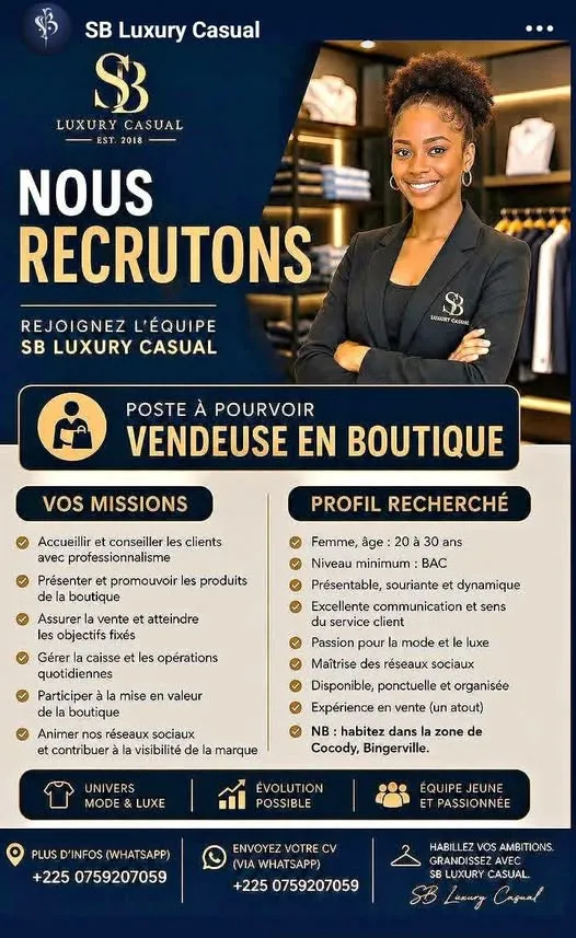 SB LUXURY CASUAL RECRUTE VENDEUSE DE BOUTIQUE