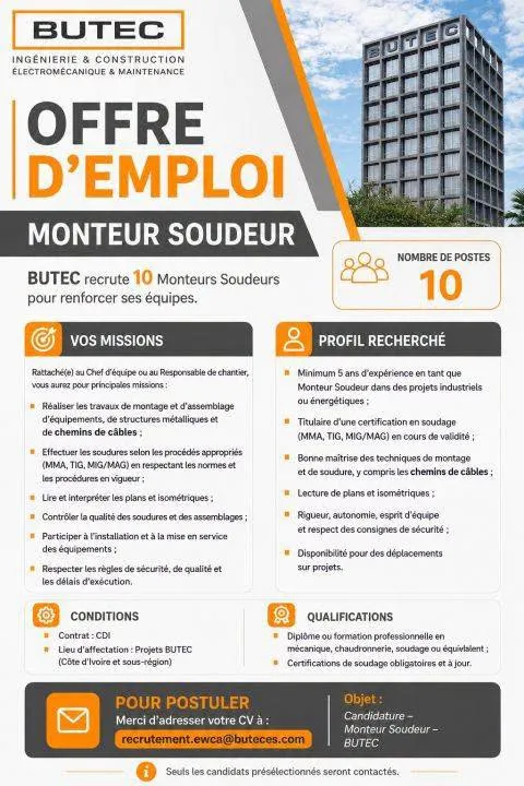 BUTEC RECRUTE MONTEUR SOUDEUR