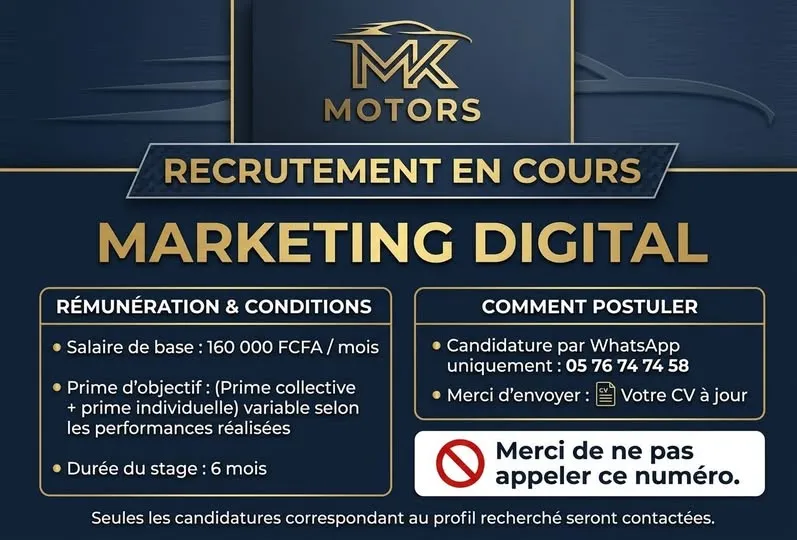 MK MOTORS CI RECRUTE SPECIALISTE MARKETING DIGITAL (H/F)
