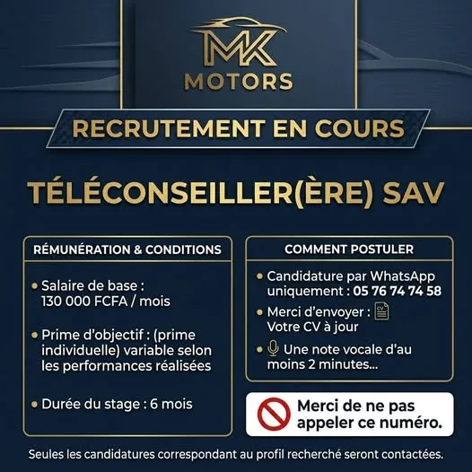 MK MOTORS CI RECRUTE TELECONSILLER (H/F)