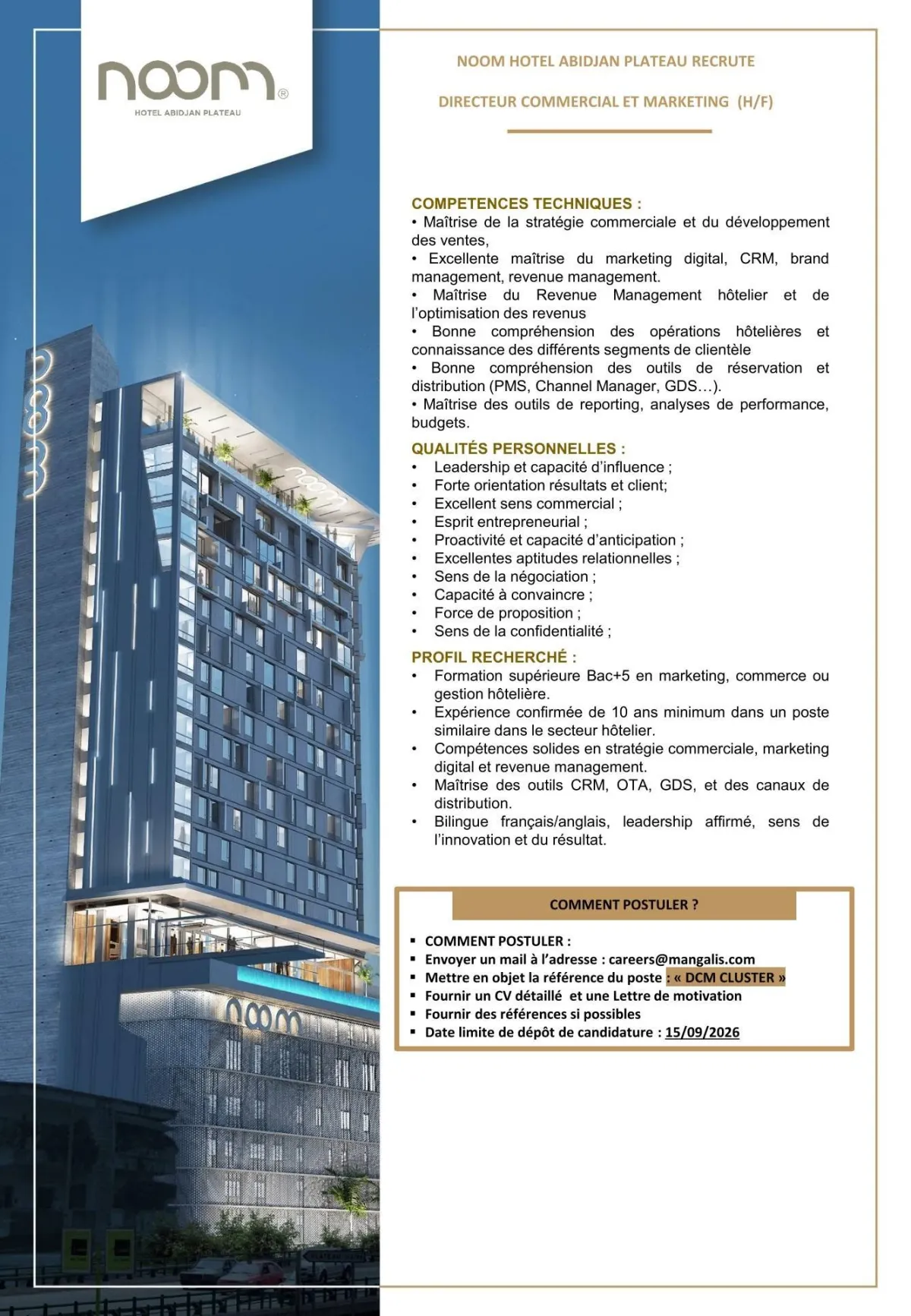 NOOM HOTEL RECRUTE DIRECTEUR COMMERCIAL