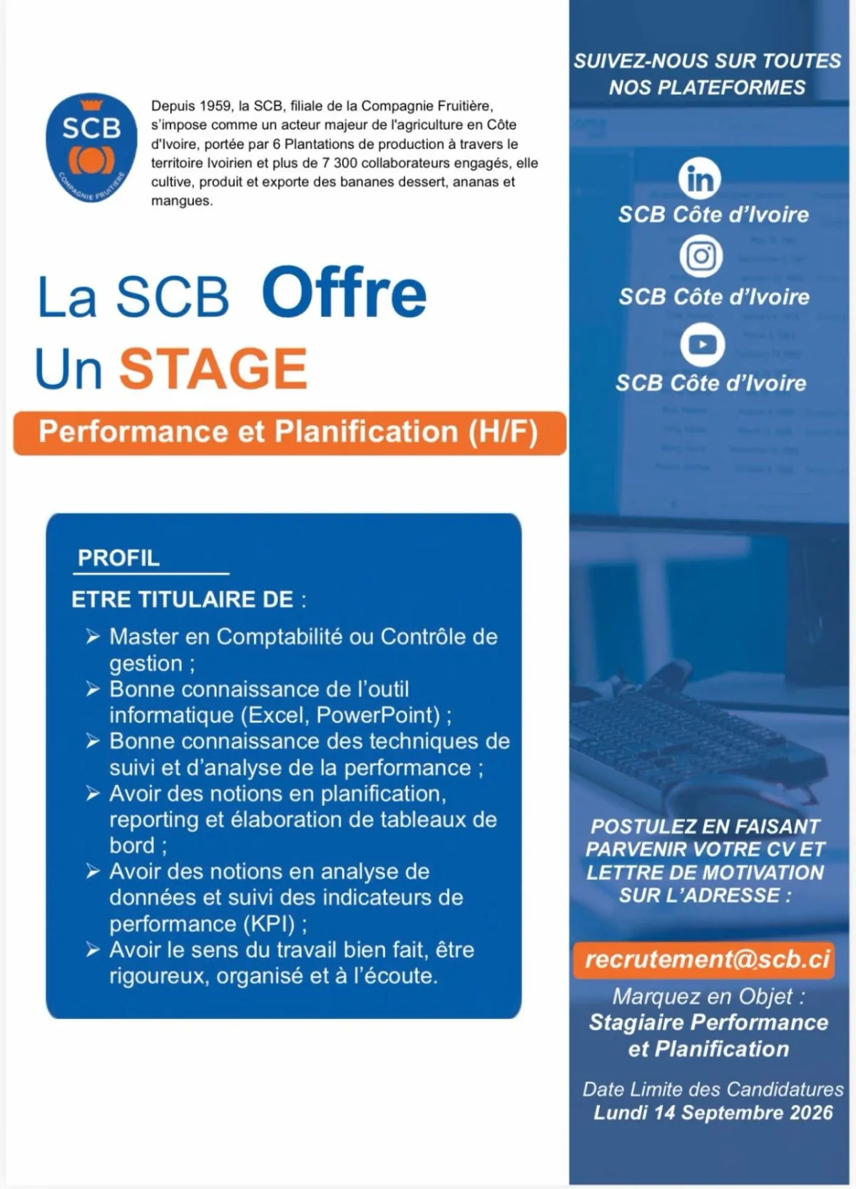 SCB RECRUTE STAGIAIRE PERFORMANCE & PLANIFICATION