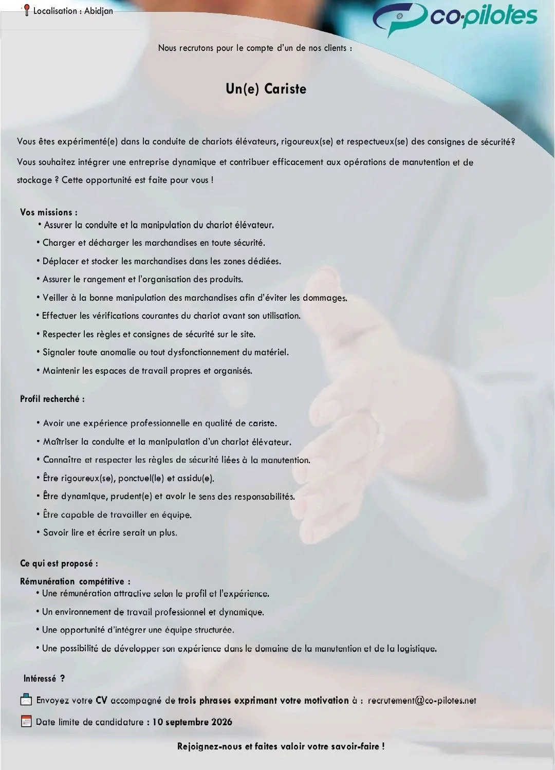CO.PILOTE RECRUTE CARISTE (H/F)