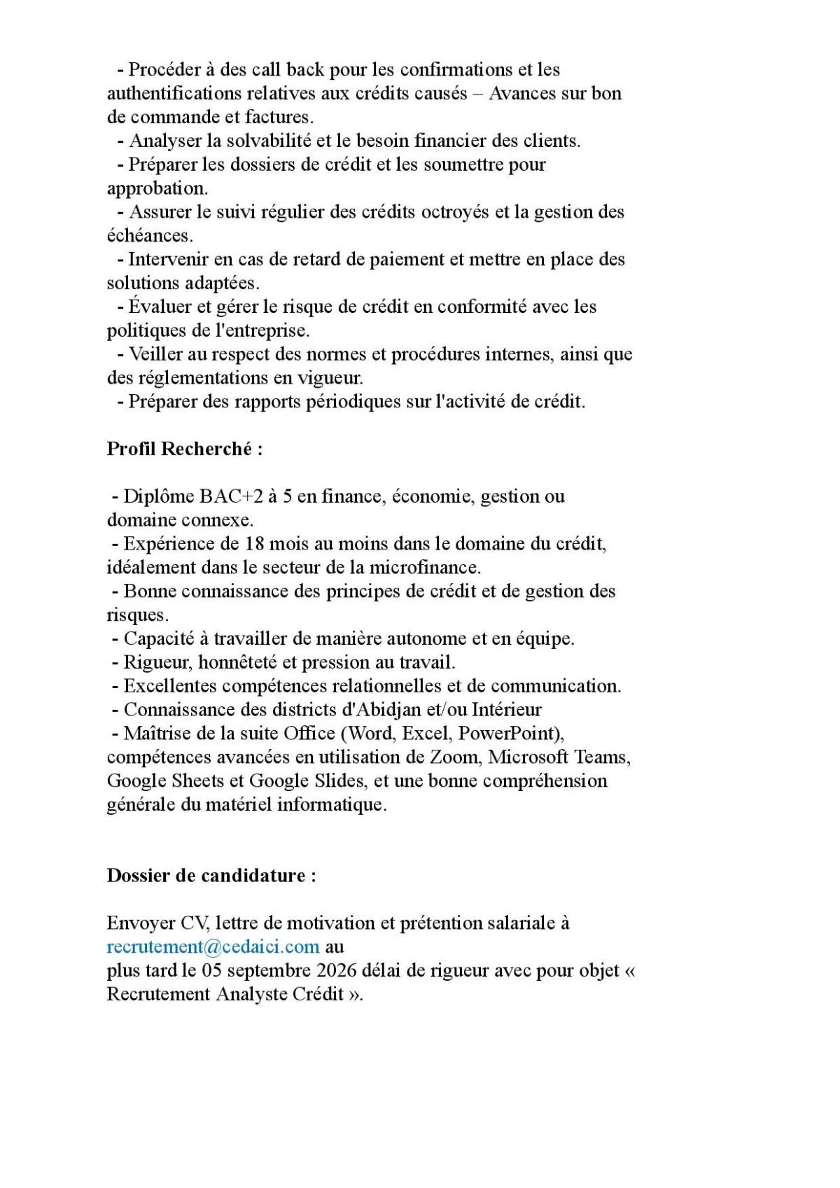 CEDAICI RECRUTE ANALYSTE CREDIT