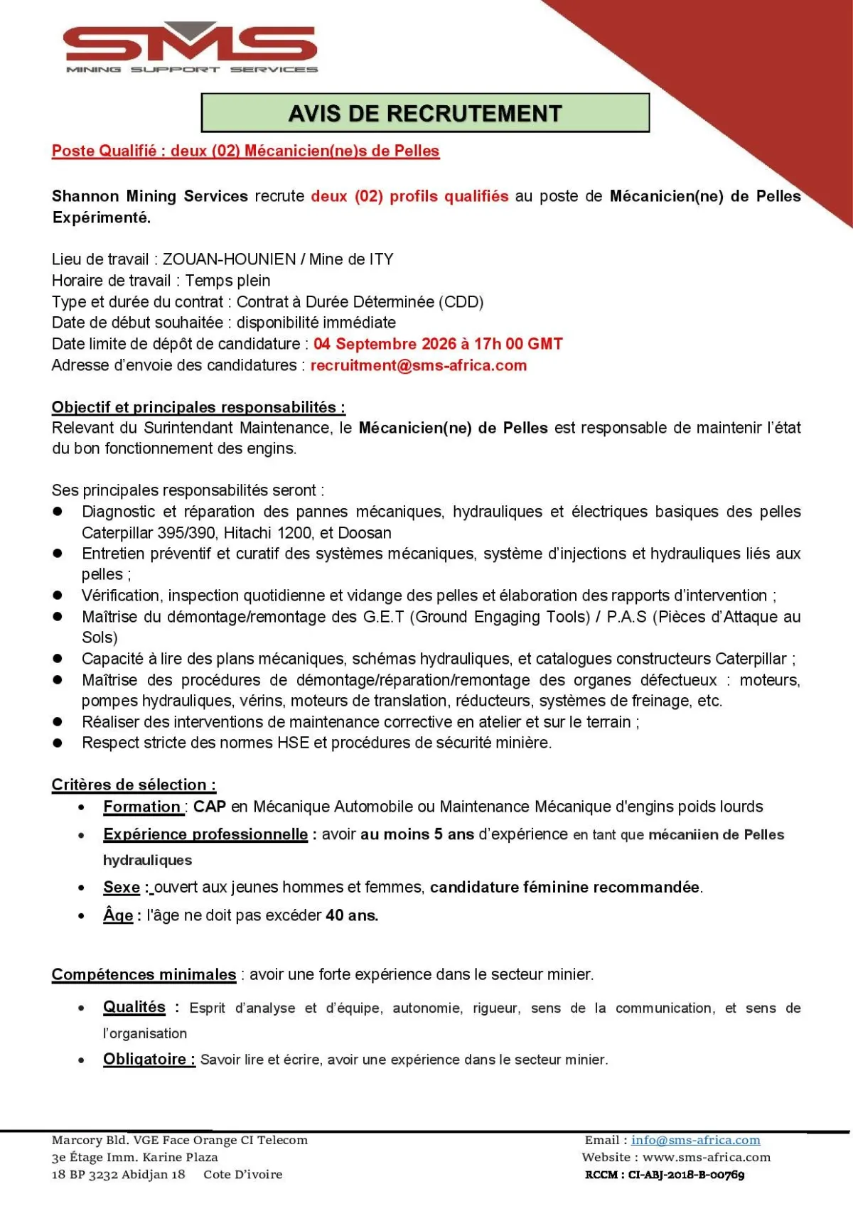 SNS RECRUTE MECANICIEN DE PELLE (H/F)