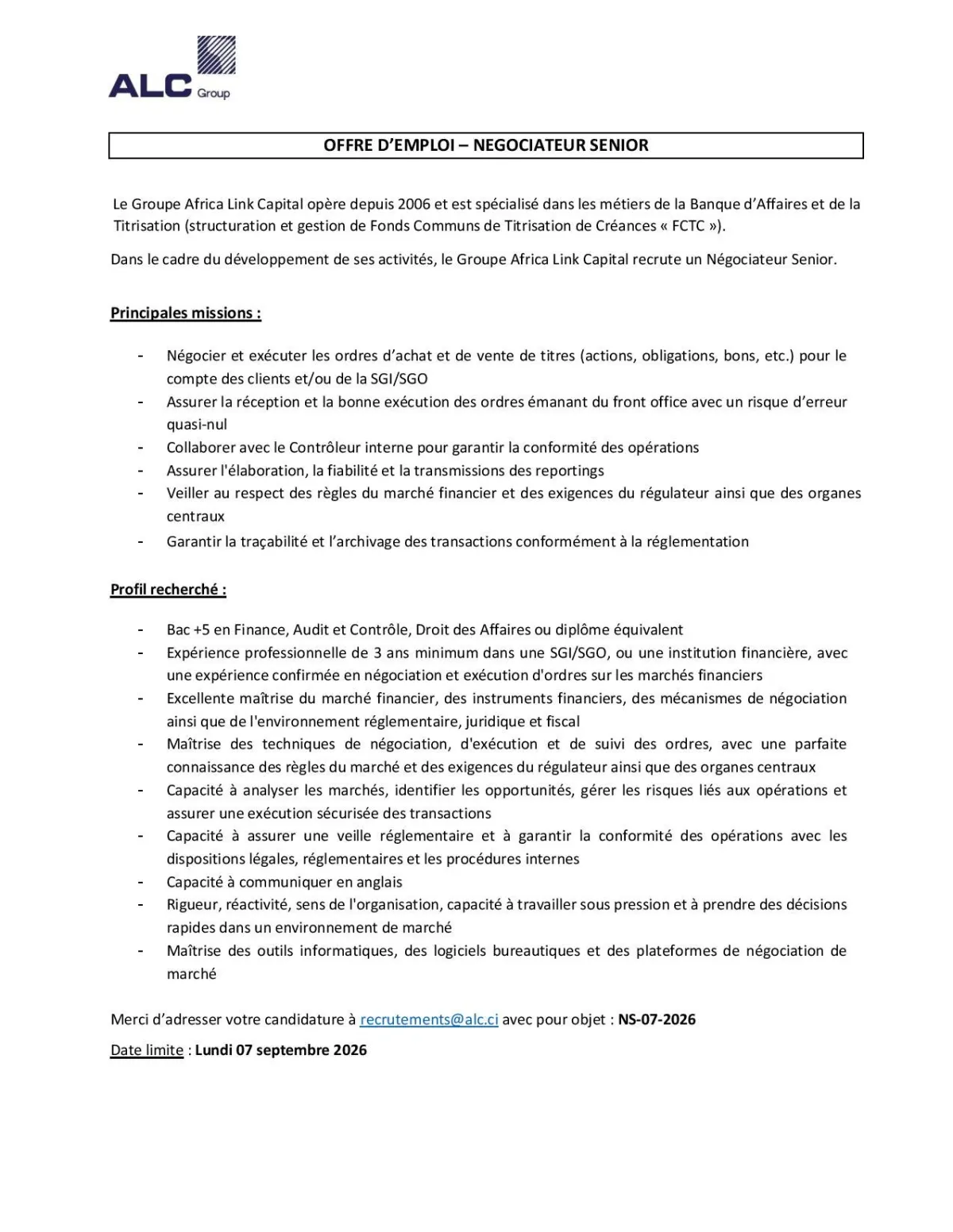 ALC RECRUTE NEGOCIATEUR SENIOR