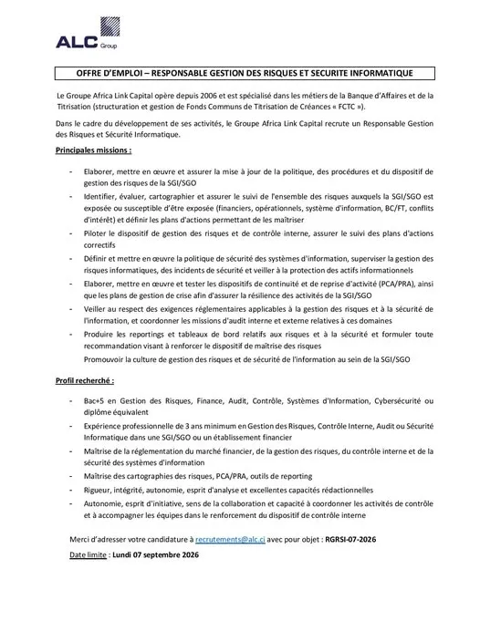 ALC RECRUTE RESPONSABLE GESTION DES RISQUES