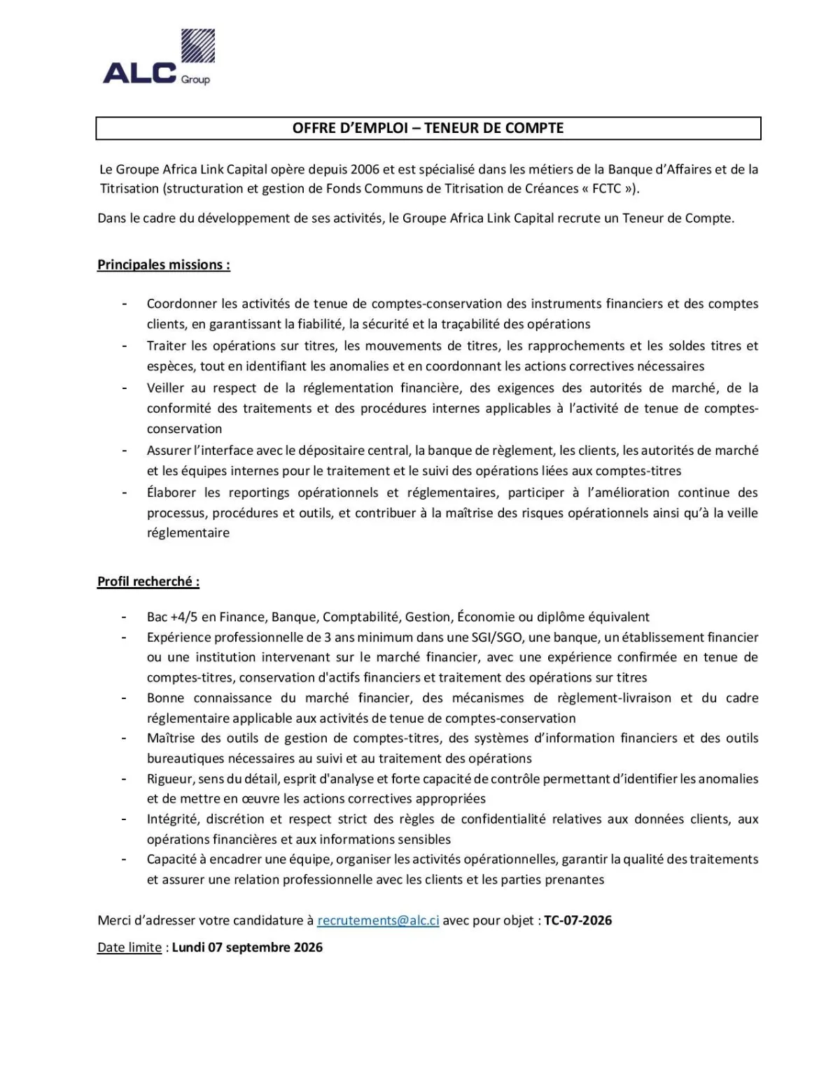 ALC RECRUTE TENEUR DE COMPTE