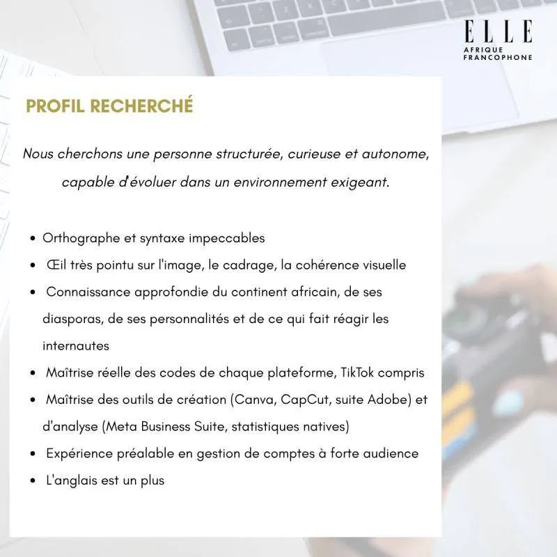 ELLE AFRIQUE FRANCOPHONE RECRUTE COMMUNITY MANAGER (H/F)