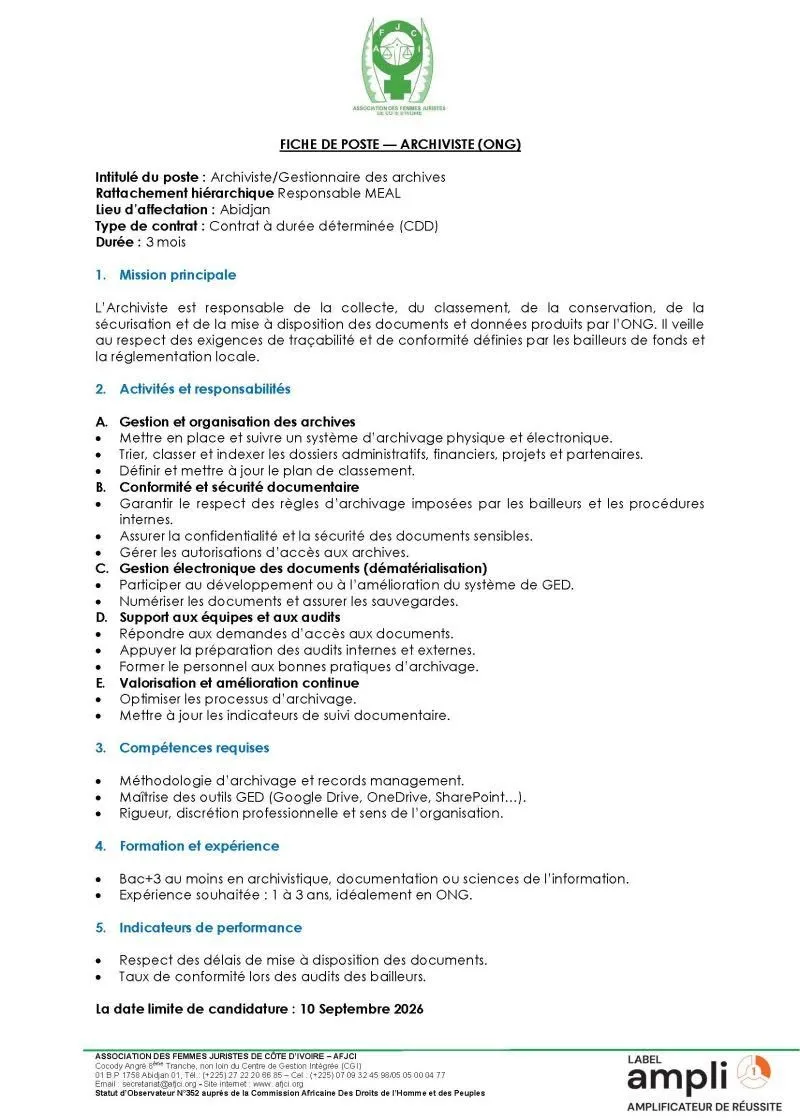 RECRUTEMENT 𝗔𝗥𝗖𝗛𝗜𝗩𝗜𝗦𝗧𝗘 (𝗢𝗡𝗚) (H/F)