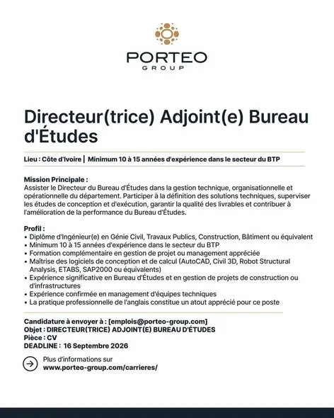 PORTEO RECRUTE : 𝐃𝐈𝐑𝐄𝐂𝐓𝐄𝐔𝐑(𝐓𝐑𝐈𝐂𝐄) 𝐀𝐃𝐉𝐎𝐈𝐍𝐓(𝐄) 𝐁𝐔𝐑𝐄𝐀𝐔 𝐃’𝐄́𝐓𝐔𝐃𝐄𝐒