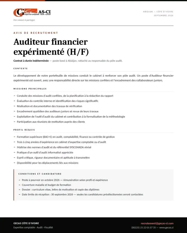 COMPTABLE/ AUDITEUR STAGIAIRE/ AUDITEUR FINANCIER