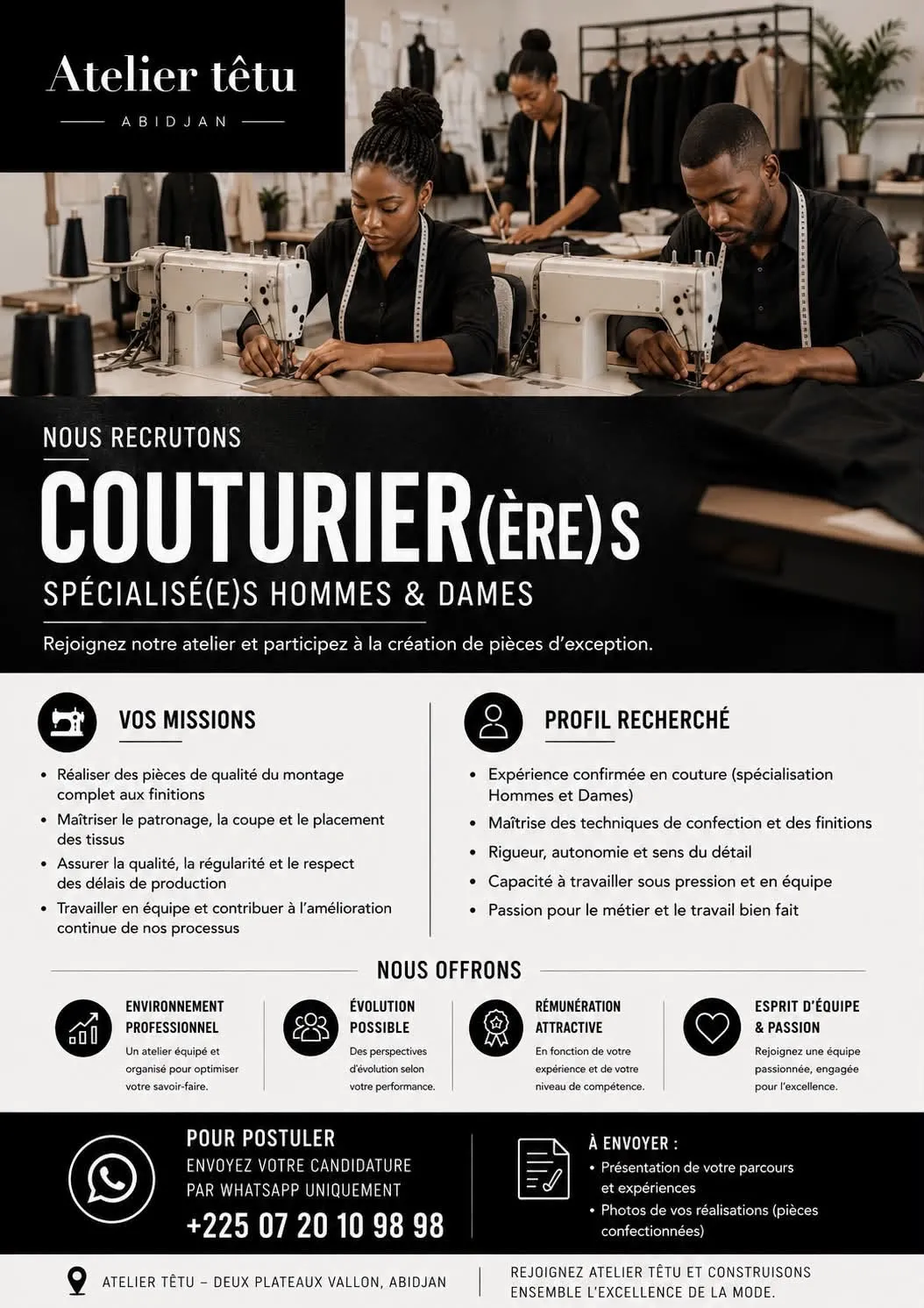 ATELIER TÊTU RECRUTE — COUTURIER(ÈRE)S PROFESSIONNEL(LE)S