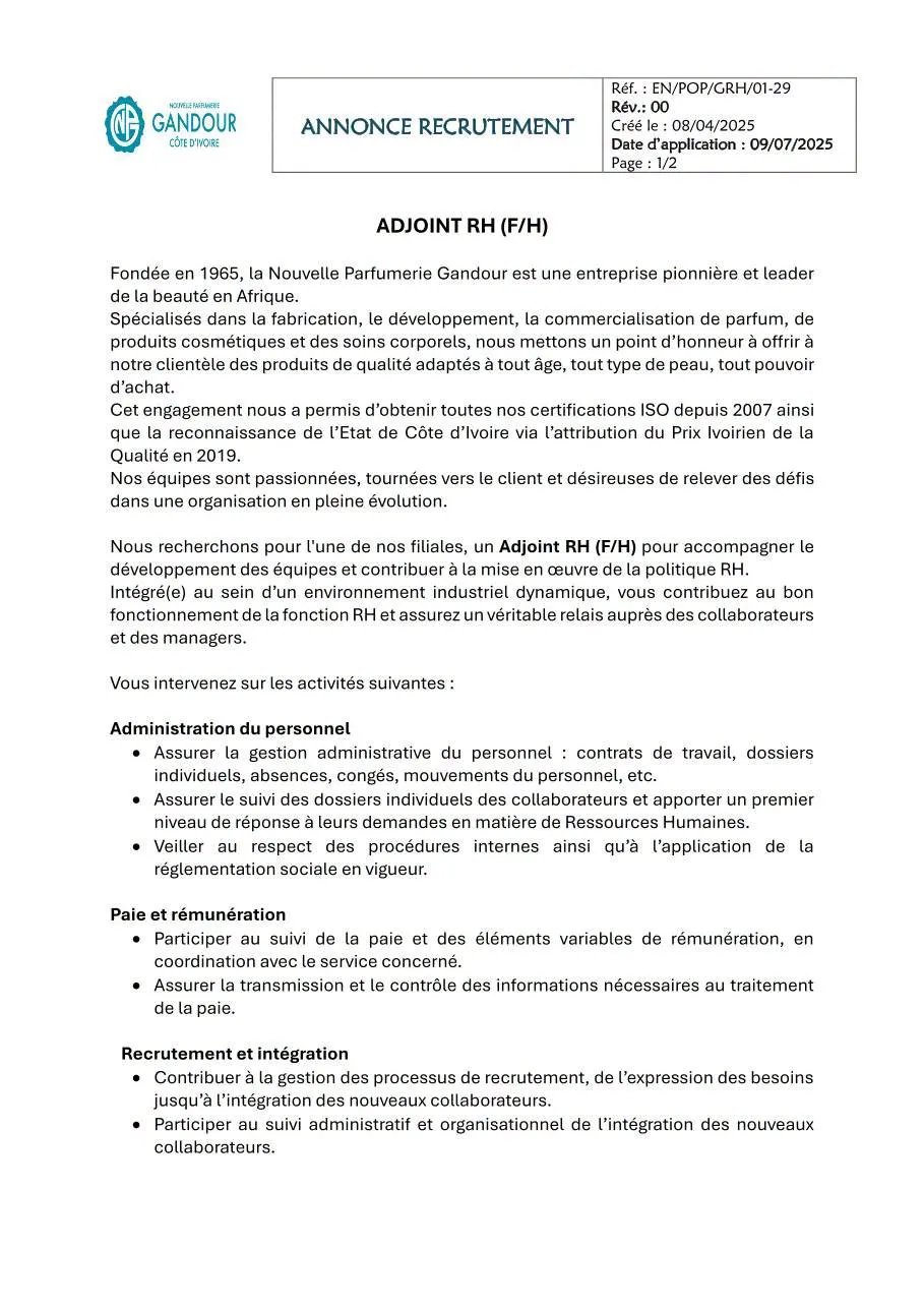 NOUS RECRUTONS – ADJOINT RH (H/F)