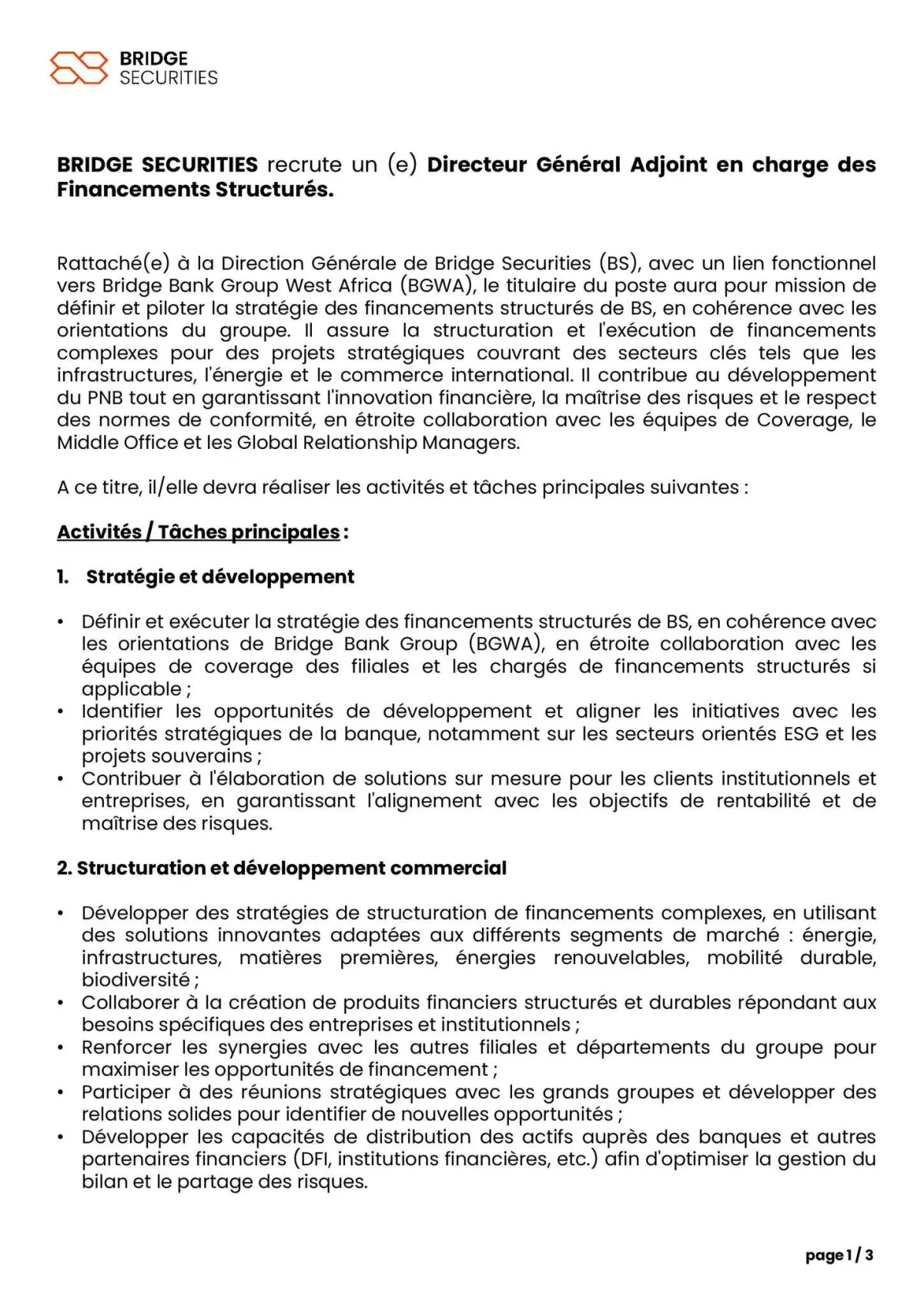 BRIDGE SECURITIES RECRUTE DIRECTEUR H/F