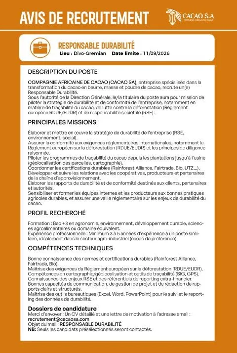 CACAO SA RECRUTE RESPONSABLE DURABILITÉ H/F