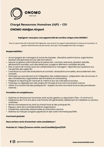 ONOMO HOTEL RECRUTE CHARGE RH (H/F)