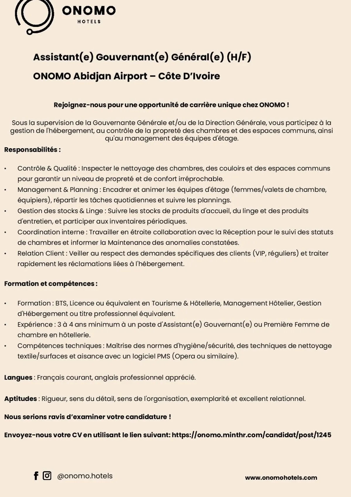 ONOMO HOTEL RECRUTE ASSISTANT GOUVERNANT H/F