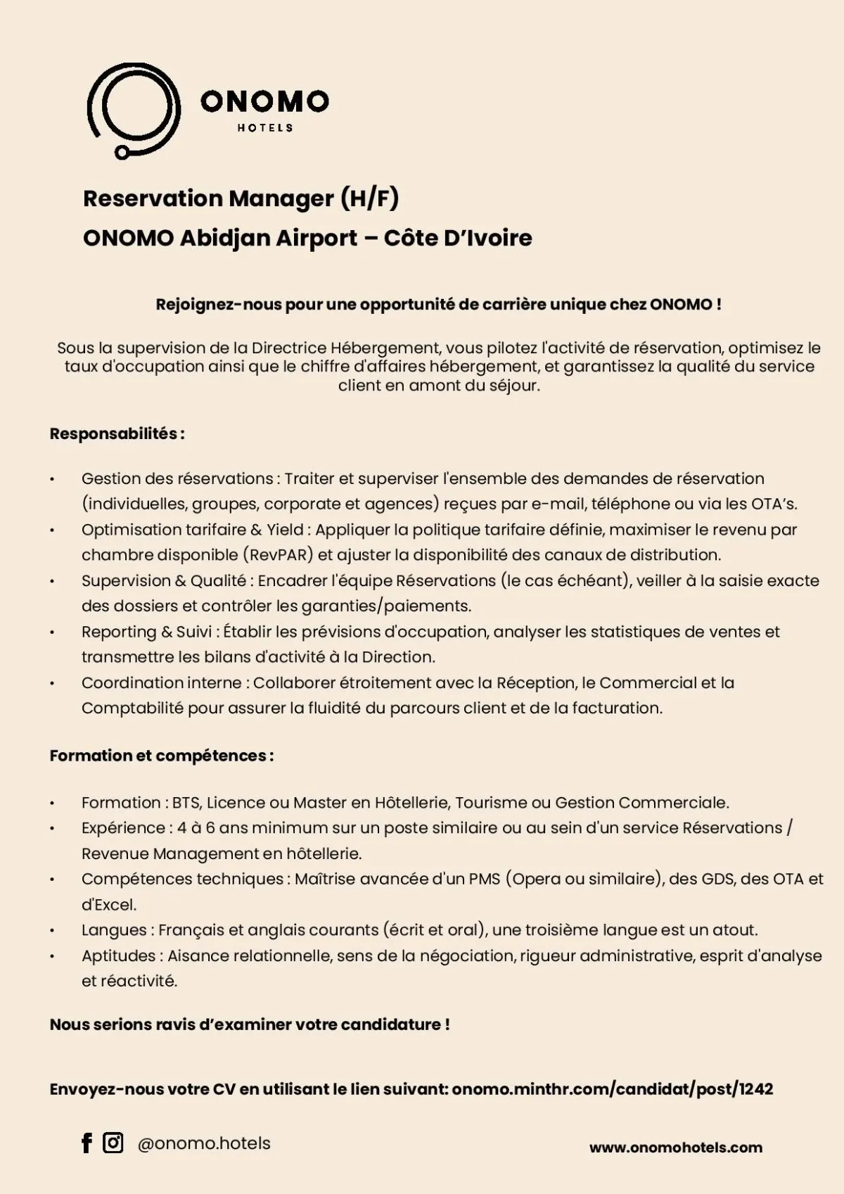 ONOMO RECRUTE RESERVATION MANAGER