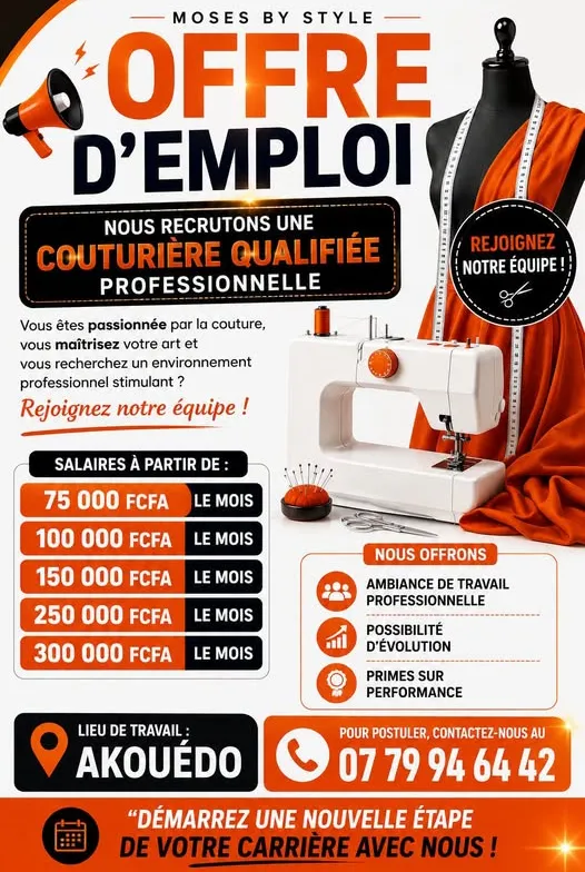 OFFRE D’EMPLOI – COUTURIÈRE QUALIFIÉE