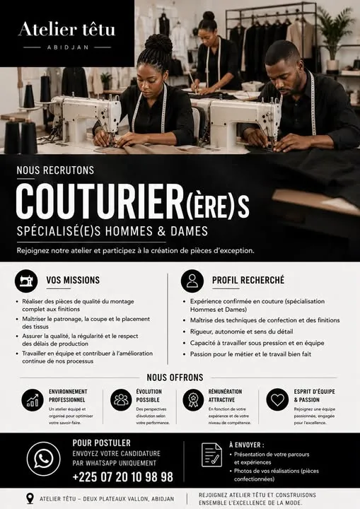 ATELIER TÊTU RECRUTE COUTURIER(ÈRE)S PROFESSIONNEL(LE)S