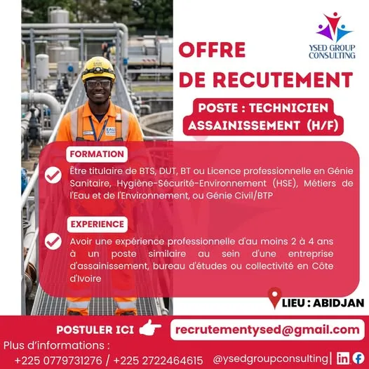 RECRUTEMENT TECHNICIEN D'ASSAINISSEMENT (H/F)