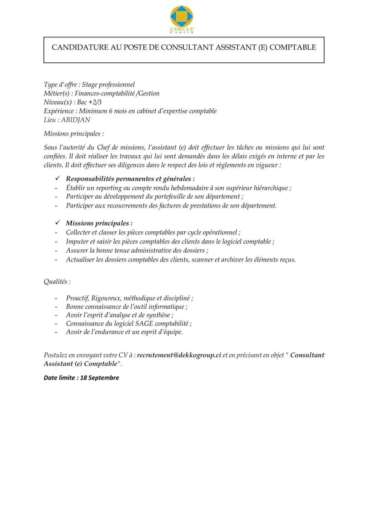 RECRUTEMENT CONSULTANT ASSISTANT COMPTABLE (H/F)