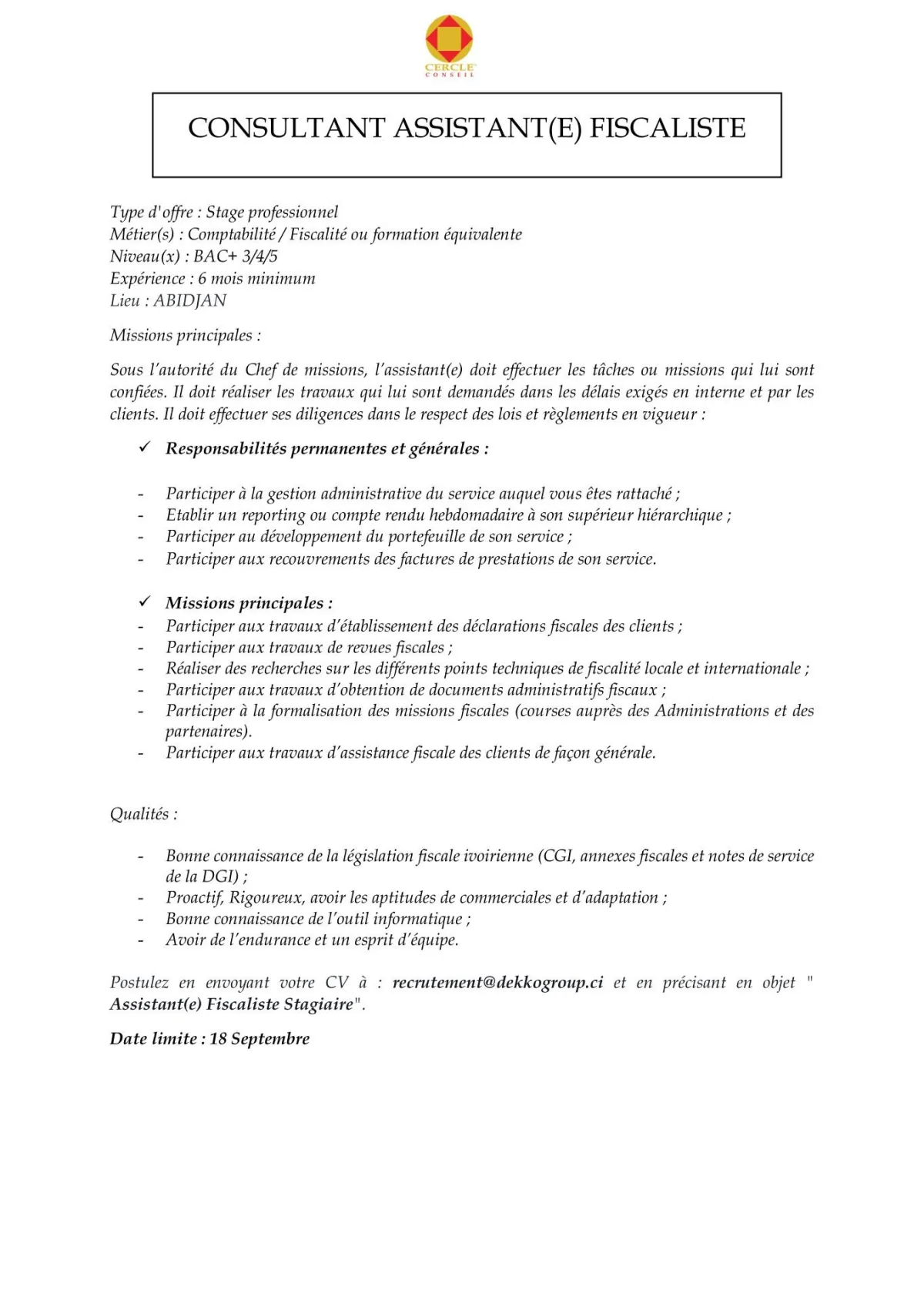 RECRUTEMENT CONSULTANT ASSISTANT FISCALITE (H/F)