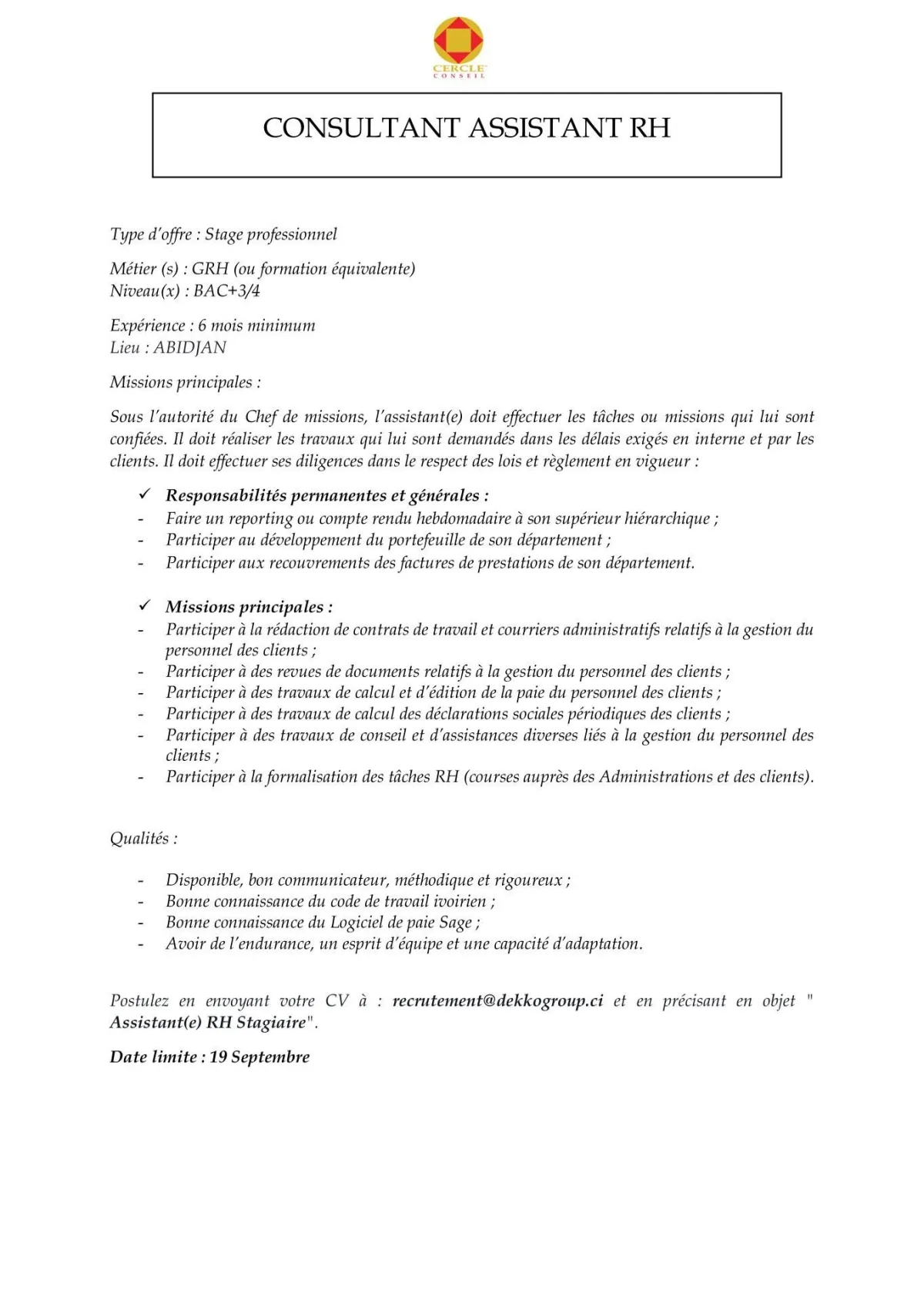 CONSULTANT ASSISTANT RG STAGIAIRE (H/F)