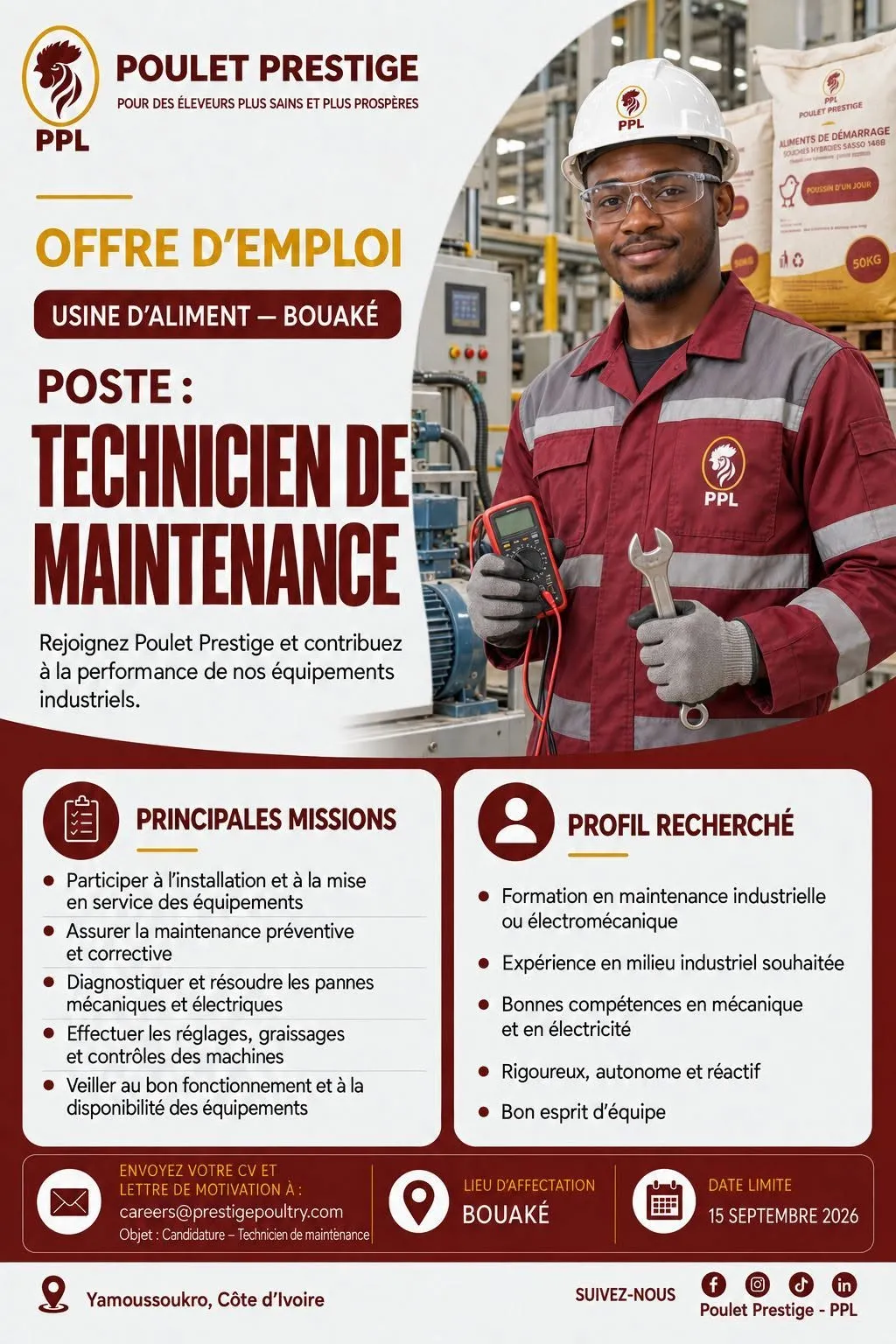 POULET PRESTIGE RECRUTE TECHNICIEN DE MAINTENANCE