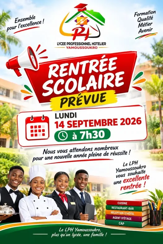 RENTRÉE SCOLAIRE 2026-2027 LYCEE PROFESSIONNEL HOTELIER DE YAMOUSSOUKRO