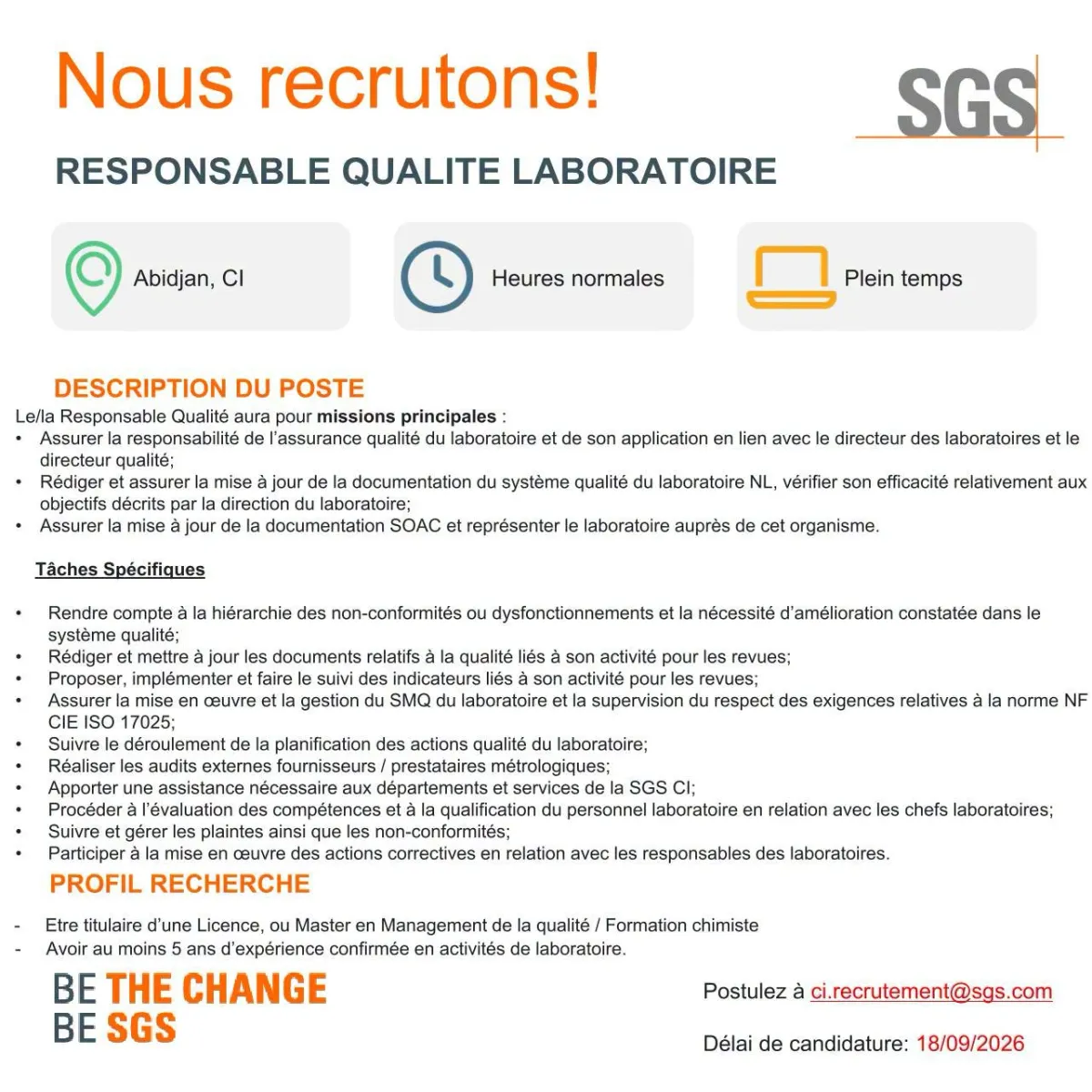 RESPONSABLE QUALITE LABORATOIRE (H/F)