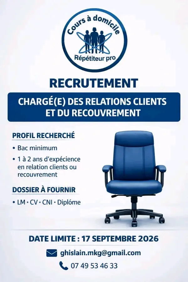 RECRUTEMENT CHARGÉ DES RELATIONS CLIENTS ET DU RECOUVREMENT H/F
