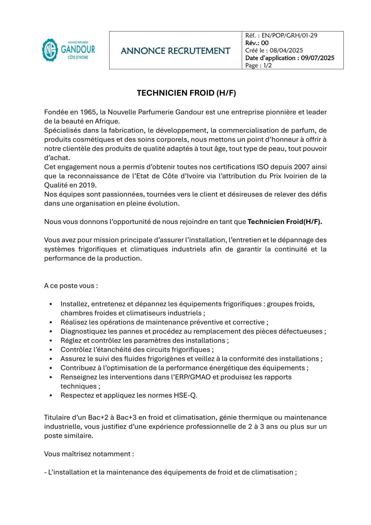 RECRUTEMENT TECHNICIEN FROID (H/F)