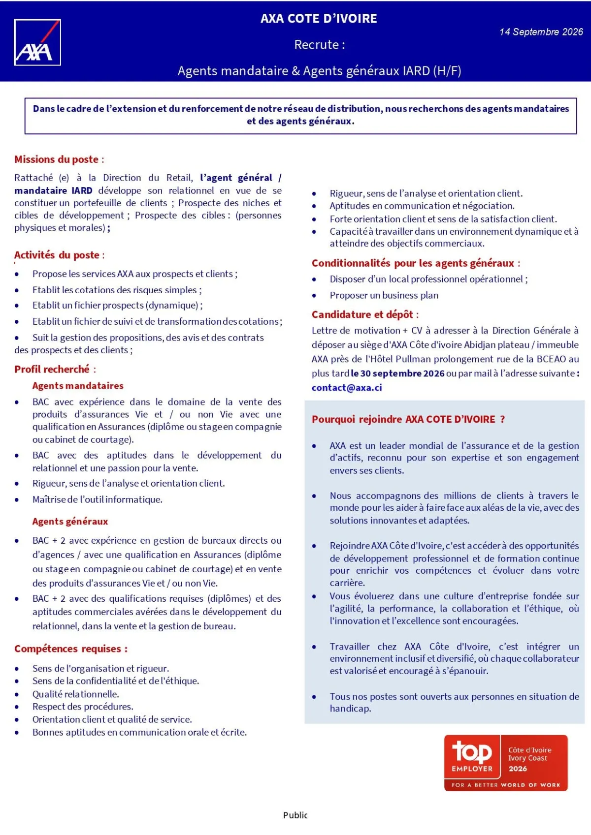 AXA RECRUTE AGENT MANDATAIRE OU AGENT GENERAL