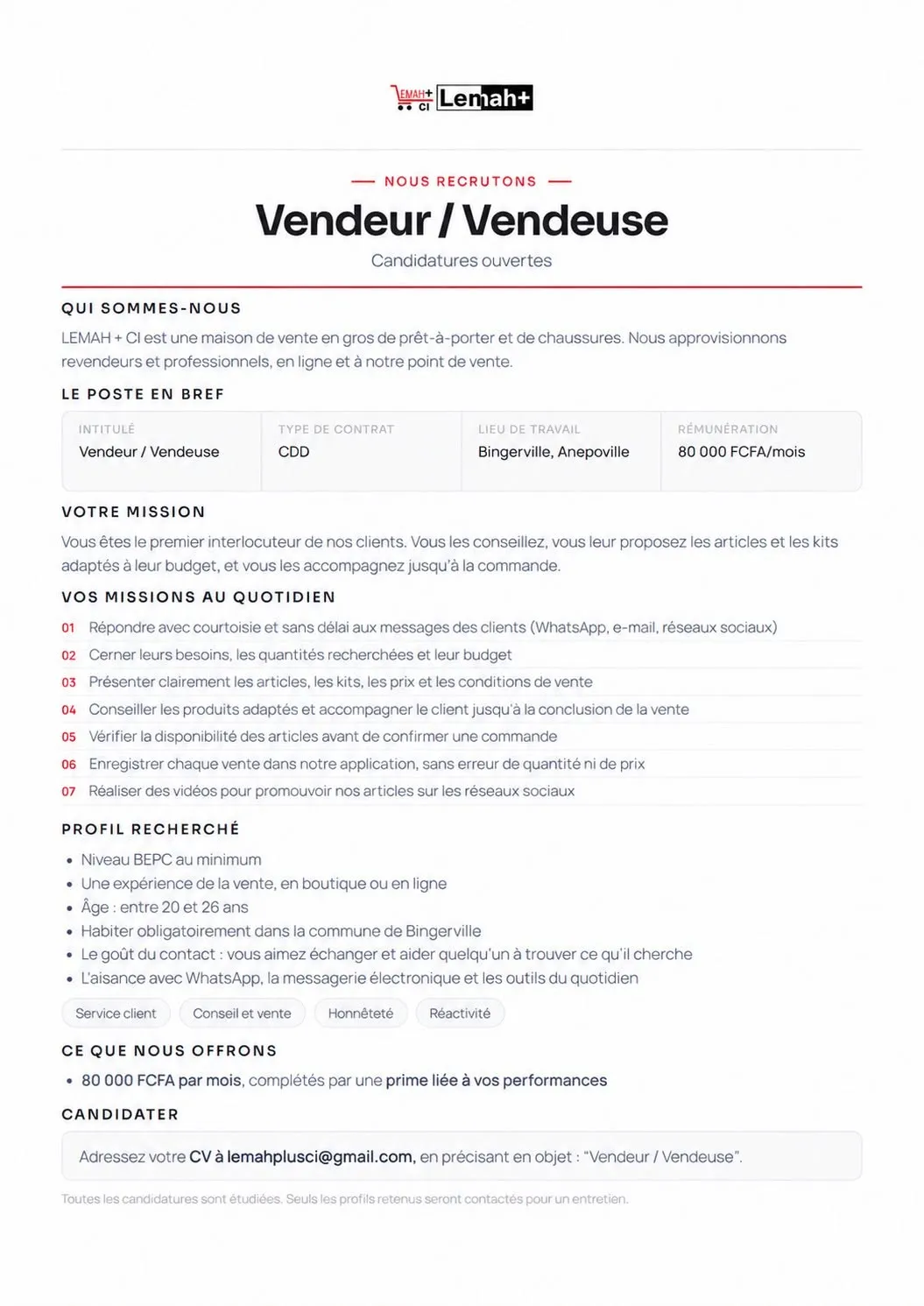 LEMAH + CI RECRUTE VENDEUR / VENDEUSE