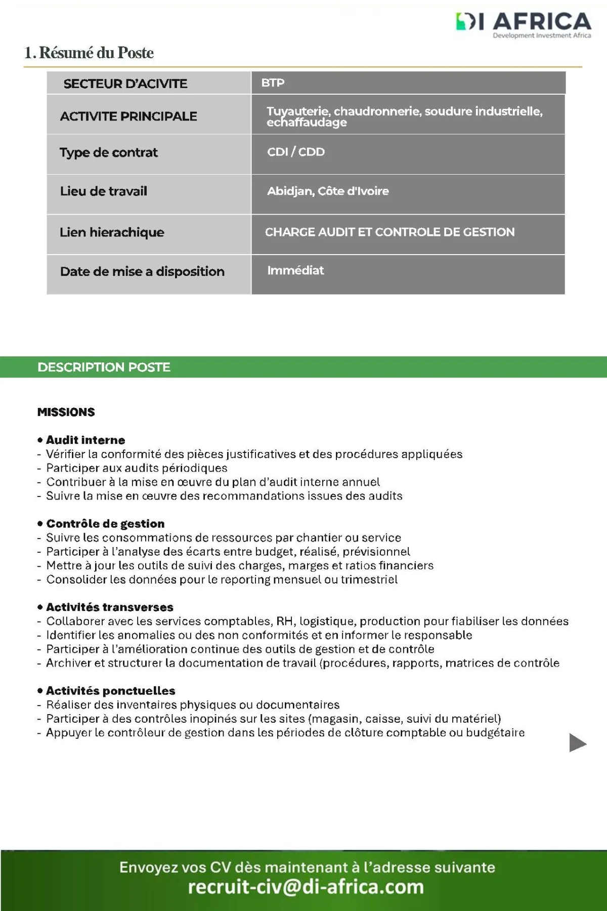 RECRUTEMENT RESPONSABLE AUDIT ET CONTROLE DE GESTION
