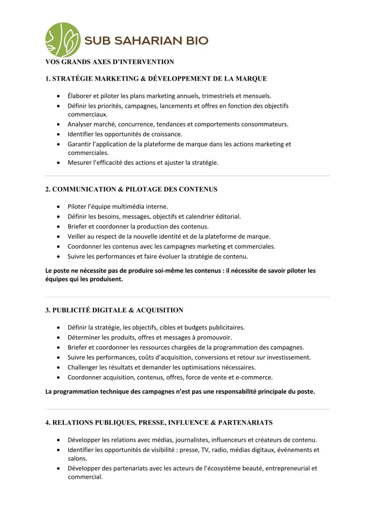 SUB SAHARIAN BIO RECRUTE RESPONSABLE MARKETING