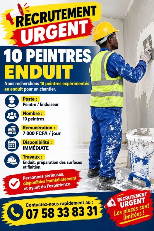 RECRUTEMENT URGENT – 10 PEINTRES ENDUIT