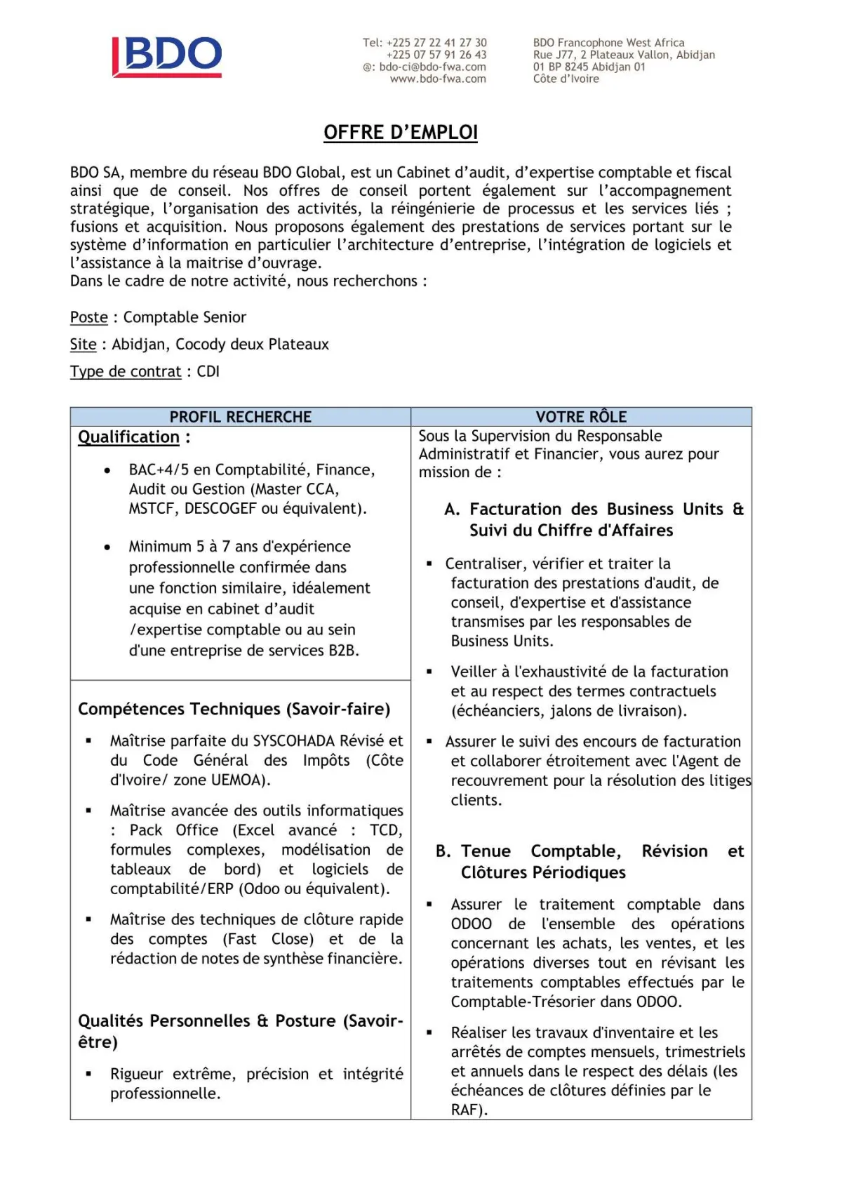 RECRUTEMENT D'UN COMPTABLE SENIOR (H/F)