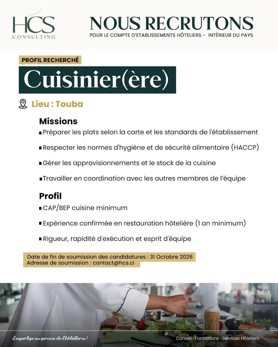 RECRUTEMENT DE CUISINIER (H/F)