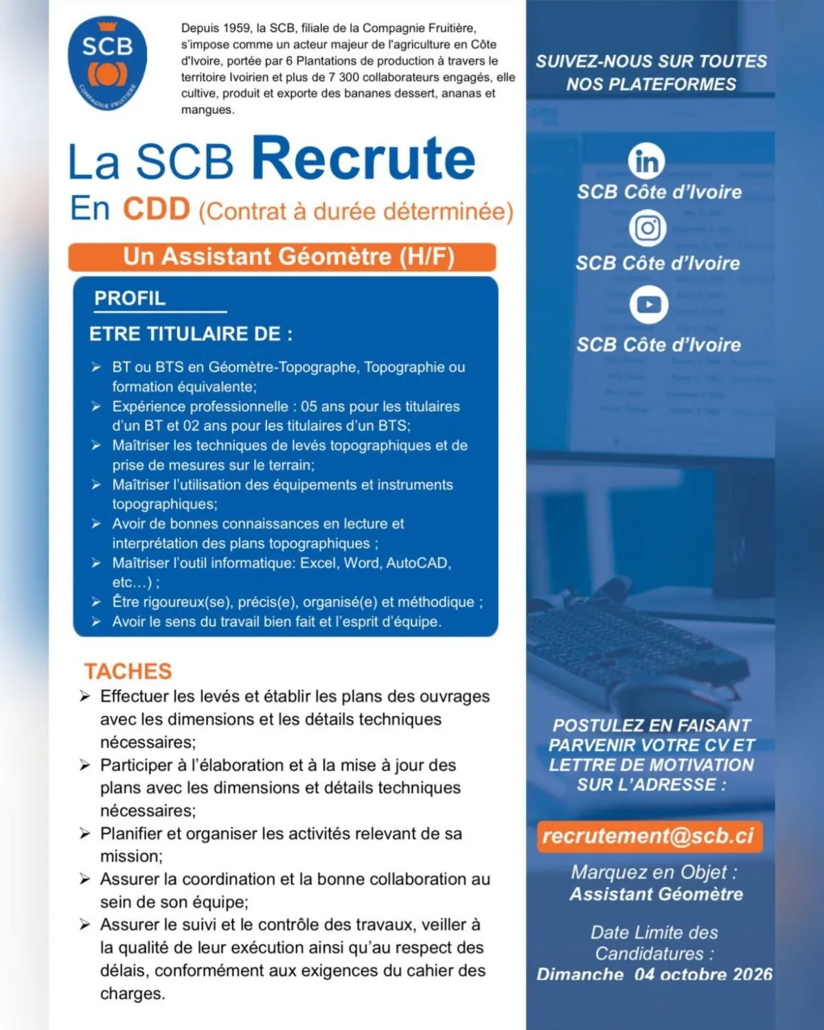 RECRUTEMENT ASSISTANT GEOMETRE (H/F)