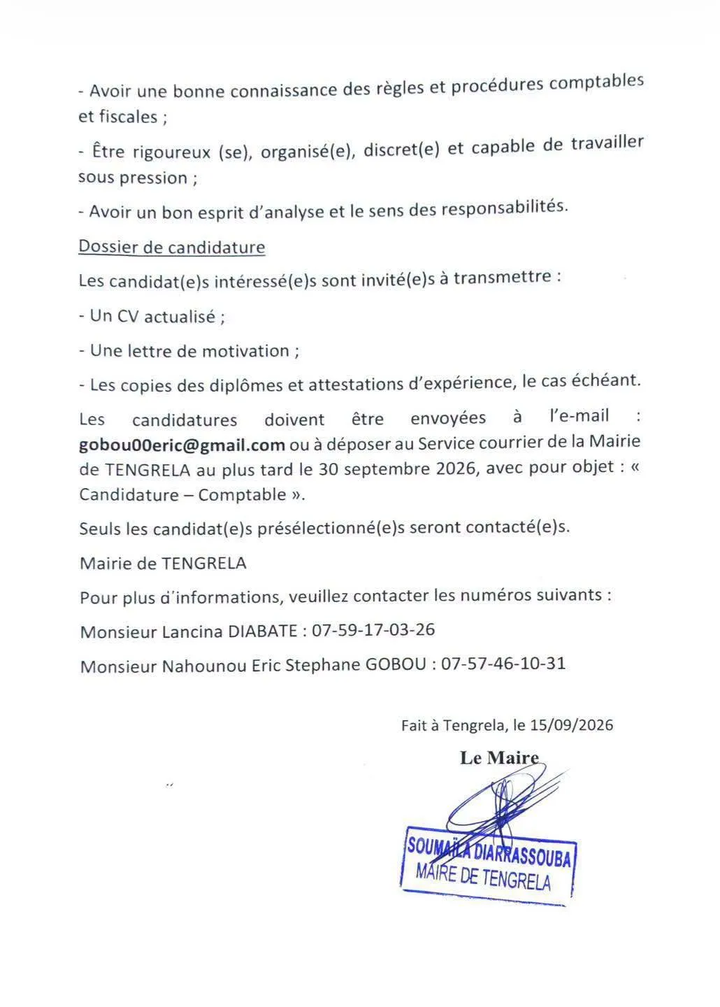 Offre d'emploi MAIRIE RECRUTE UN COMPTABLE (H/F)