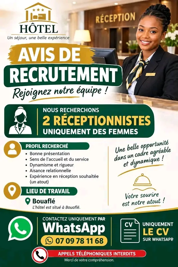 RECRUTEMENT DES RÉCEPTIONNISTE (F)