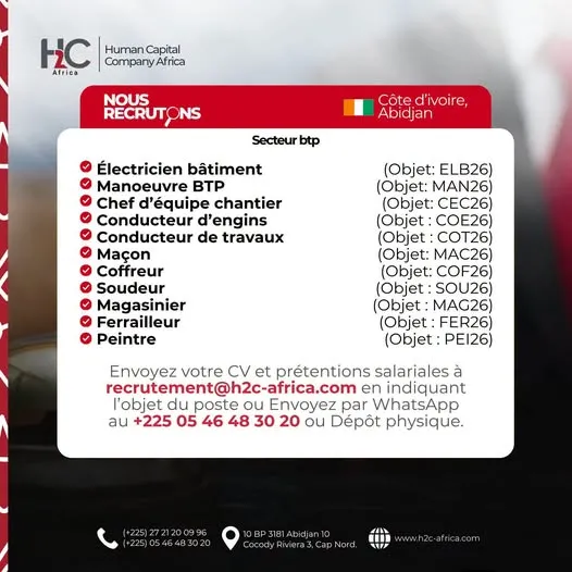 RECRUTEMENT BTP PLUSIEURS POSTES