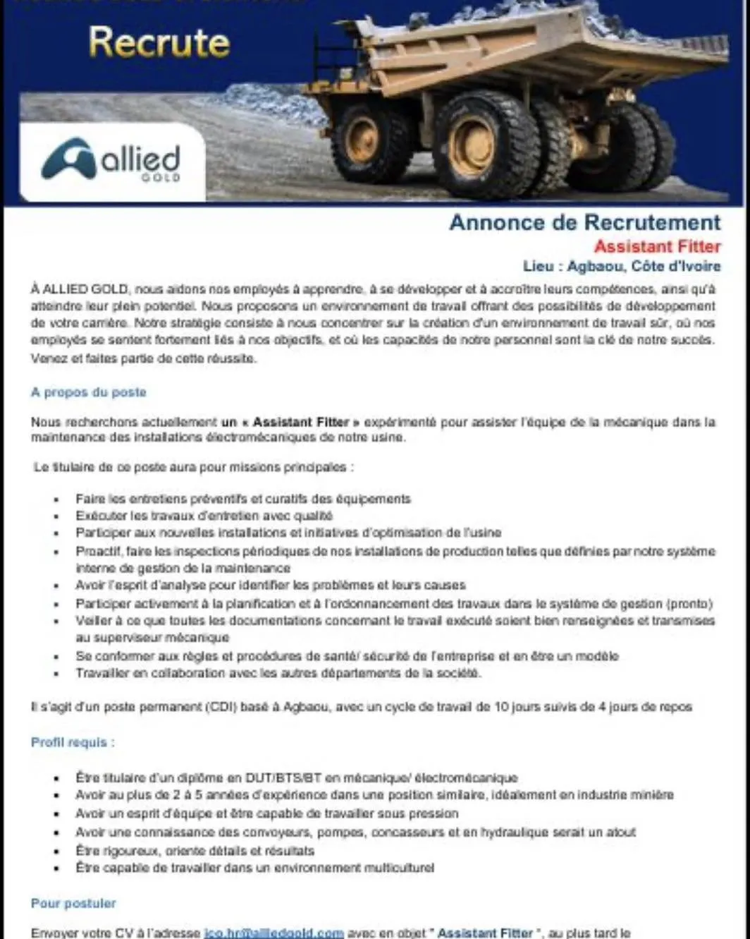 RECRUTEMENT ASSISTANT FITTER (H/F)