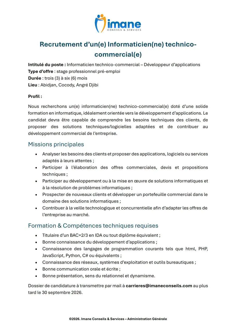 RECRUTEMENT INFORAMATICIEN TECHNICO-COMMERCIAL (H/F)