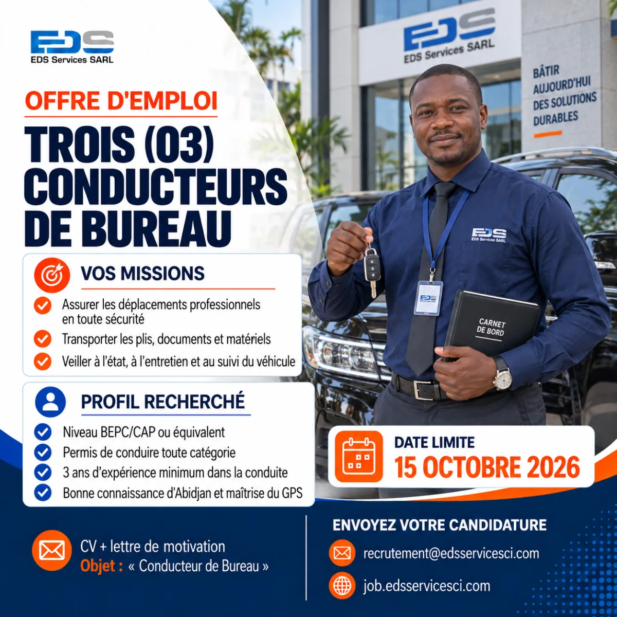 Offre d'emploi RECRUTEMENT 03 TOIS CONDUCTUER DE BUREAU