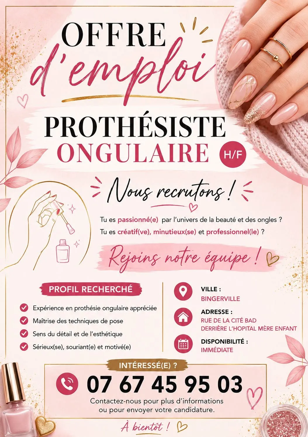 RECRUTEMENT PROTHESISTE ONGULAIRE (H/F)