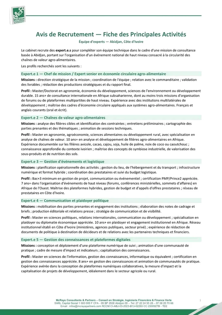 RECRUTEMENT DES CONSULTANTS EXPERTS H/F